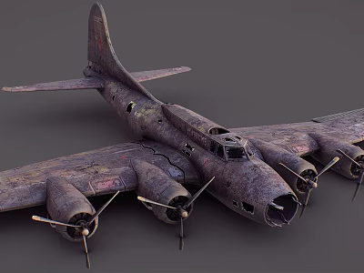 Vintage Passenger Plane With Rusted Exterior Four Propellers and Damaged Body 3d model