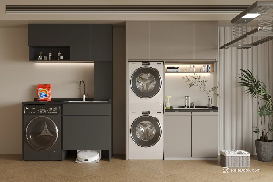 Practical Kitchen Interior With Washing Machines Dryers Cabinets Sink And Storage Basket 3d model 