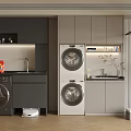 Practical Kitchen Interior With Washing Machines Dryers Cabinets Sink And Storage Basket