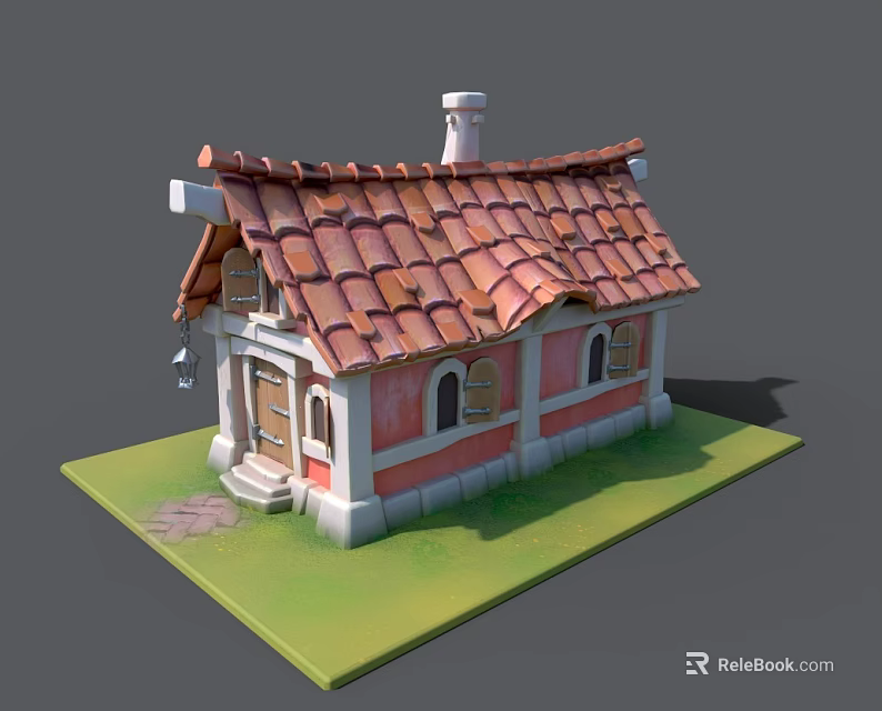 Red Tiled Roof With Chimney Wooden Door Arched Windows And Stone Steps 3d model 