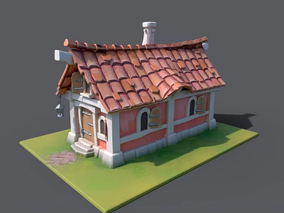 Red Tiled Roof With Chimney Wooden Door Arched Windows And Stone Steps 3d model