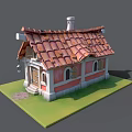 Red Tiled Roof With Chimney Wooden Door Arched Windows And Stone Steps