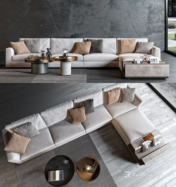 Light Beige L shaped Sectional Sofa with Decorative Pillows Round Coffee Tables Modern Interior 3d model 