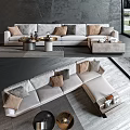 Light Beige L shaped Sectional Sofa with Decorative Pillows Round Coffee Tables Modern Interior