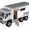 White Heavy Duty Truck Featuring Open Door Wooden Interior Staircase Red Warning Light On Roof