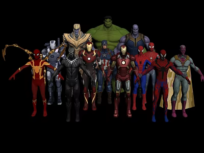 Group of Marvel Superhero Characters Standing Together in Action Poses 3d model