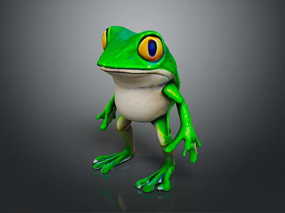 Green Reptile With Yellow Eyes And White Belly In Standing Pose On Gray Background 3d model