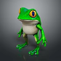 Green Reptile With Yellow Eyes And White Belly In Standing Pose On Gray Background