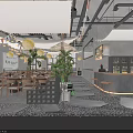 Cozy Restaurant Interior With String Lights Bunting Flags Palm Trees Pebble Floor And Sunset Decoration