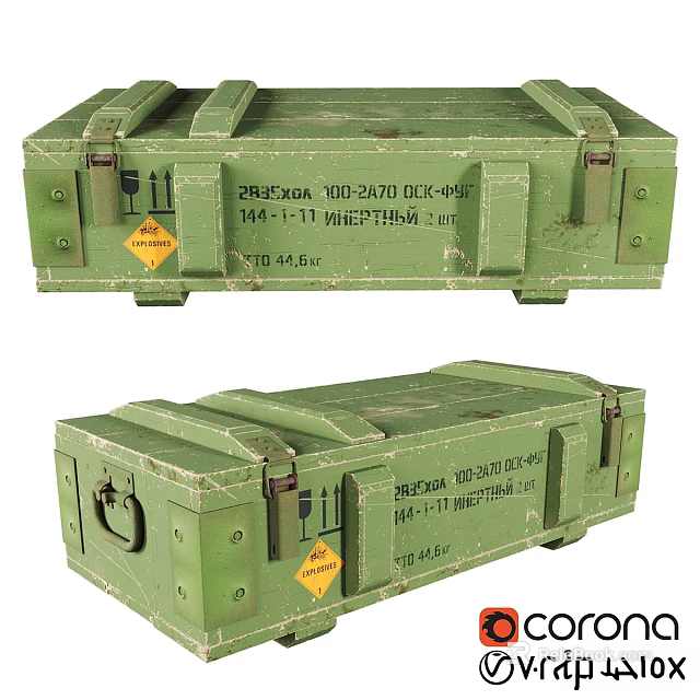 Decorative Ornament Set With Two Vintage Green Storage Boxes And Yellow Warning Labels 3d model 