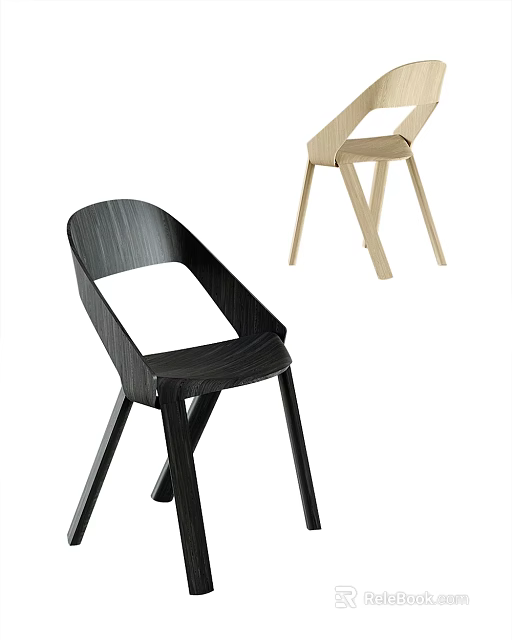 Modern Wooden Dining Chairs In Black And Light Color With Unique Back Design 3d model 