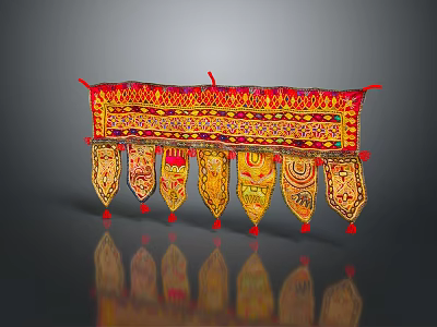 Traditional Embroidered Decorative Hanging With Colorful Red Gold Patterns And Tassel Ornaments 3d model