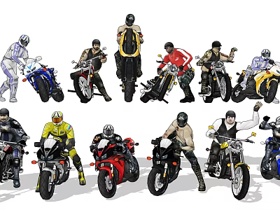 Multiple People Riding Different Motorcycles With Various Styles And Poses 3d model