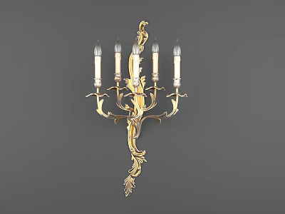 Golden Wall Sconce with Candle Shaped Lights and Decorative Carved Leaf Patterns 3d model