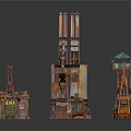 Abandoned Industrial Machinery Equipment With Oil Pumps Drill Rigs And Rusted Control Boxes