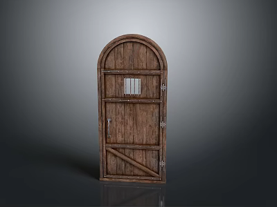 Rustic Wooden Door With Arched Top Small Window And Metal Hinges 3d model