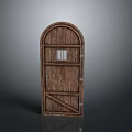 Rustic Wooden Door With Arched Top Small Window And Metal Hinges 3d model
