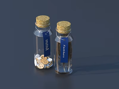 Artisanal Food Seasonings Stored In Glass Bottles With Cork Stoppers And Blue Feeling Tags 3d model