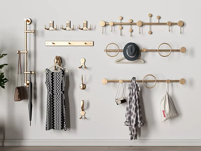 Modern Gold Wall Hooks With Coat Bag Hat Keys And Umbrella For Home Organization 3d model