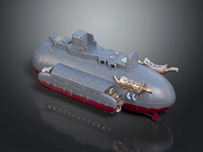 Military Style Submarine Model With Gray Hull And Red Bottom Design 3d model