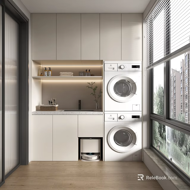 Modern Home Balcony Design With White Cabinets Washing Machine Dryer Small Sink And Natural Light 3d model 