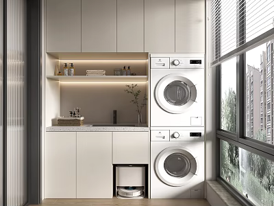 Modern Home Balcony Design With White Cabinets Washing Machine Dryer Small Sink And Natural Light 3d model