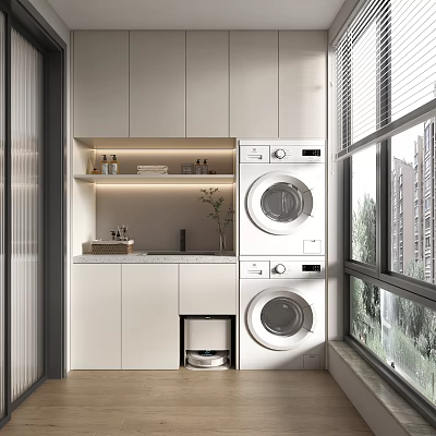 Modern Home Balcony Design With White Cabinets Washing Machine Dryer Small Sink And Natural Light 3d model