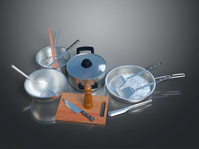 Essential Kitchen Utensils Set with Pots Pans Whisk Knife and Cutting Board 3d model