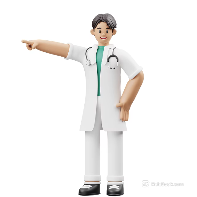 Smiling Man In Doctor's Coat With Stethoscope Pointing To Side On White Background 3d model 
