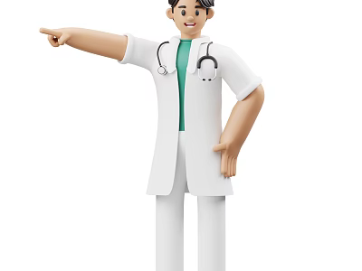 Smiling Man In Doctor's Coat With Stethoscope Pointing To Side On White Background 3d model