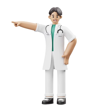 Smiling Man In Doctor's Coat With Stethoscope Pointing To Side On White Background 3d model