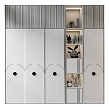 Modern Wardrobe With White Doors Round Wooden Knobs Open Shelves Books Decorative Toys And Vase