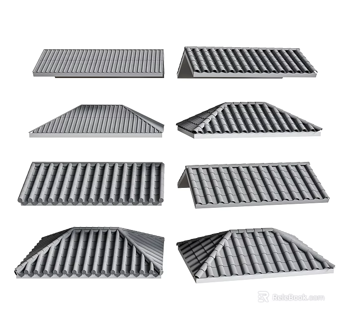 Various Corrugated Roof Components Featuring Different Architectural Shapes And Designs 3d model