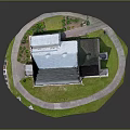 Cartoon Scene Featuring Church with White and Black Roof on Circular Lawn Pathway and Cars