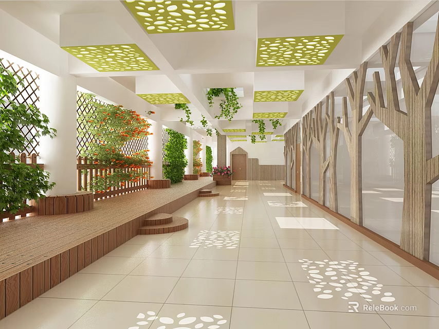 School Corridor Interior With Green Plants Tree Decor And Light Patterns 3d model