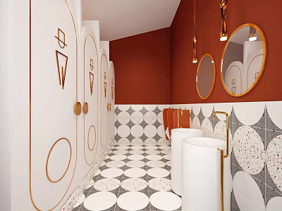 Public Restroom with Red Walls White Cubicles Round Mirrors and Geometric Tile Floors 3d model