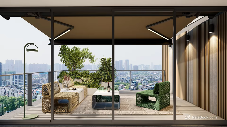 Luxurious Villa Balcony With Rattan Sofa Green Plants Wooden Floor And City View 3d model 