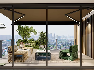 Luxurious Villa Balcony With Rattan Sofa Green Plants Wooden Floor And City View 3d model