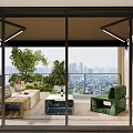Luxurious Villa Balcony With Rattan Sofa Green Plants Wooden Floor And City View