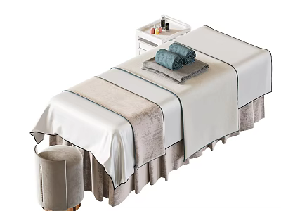 Elegant Spa Massage Table With Soft Linen Blue Towels Side Trolley And Round Stool 3d model