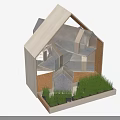 Wooden Architectural Model With Transparent Internal Structure Grass Base And Small Decorative Elements 3d model