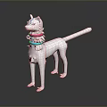 White 3D Canine Figurine With Pink Eyes And Colorful Collars On Dark Background