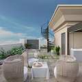 Rooftop Garden Terrace With Spiral Staircase Rattan Furniture Pink Blossoms And Blue Sky
