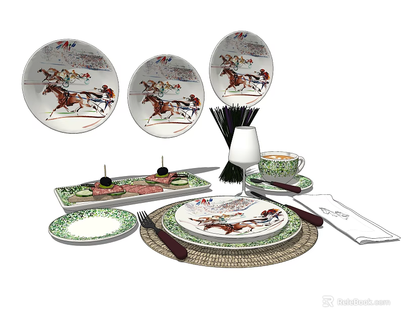 Decorative Horse Pattern Dinnerware Set With Plates Cups Utensils And Green Accents 3d model