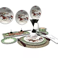Decorative Horse Pattern Dinnerware Set With Plates Cups Utensils And Green Accents 3d model