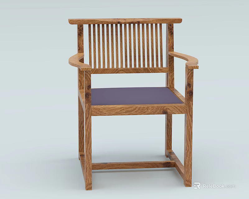 Stylish Wooden Armchair with Vertical Slat Back Curved Armrests and Purple Cushioned Seat 3d model 