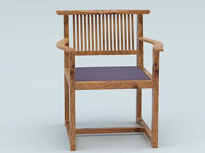 Stylish Wooden Armchair with Vertical Slat Back Curved Armrests and Purple Cushioned Seat 3d model