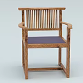 Stylish Wooden Armchair with Vertical Slat Back Curved Armrests and Purple Cushioned Seat