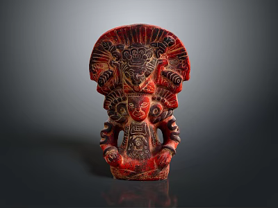 Traditional Red Deity Sculpture With Intricate Carvings And Detailed Headdress On Dark Background 3d model