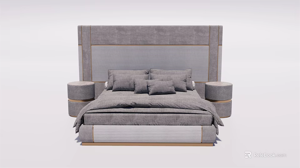 Modern Double Bed with Gray Striped Headboard Gold Trim Side Nightstands Cozy Design 3d model 